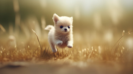Cute little pomeranian puppy running on the meadow.の素材