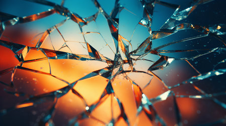 Broken glass on blue background. 3d rendering toned imageの素材