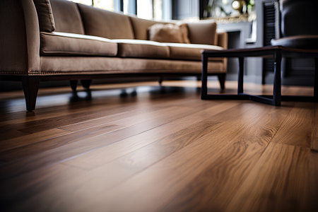 Interior design of living room with brown sofa and wooden floor.の素材