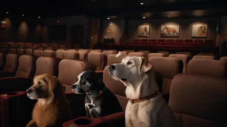 Cinema movie theater interior with golden retriever and dog.の素材