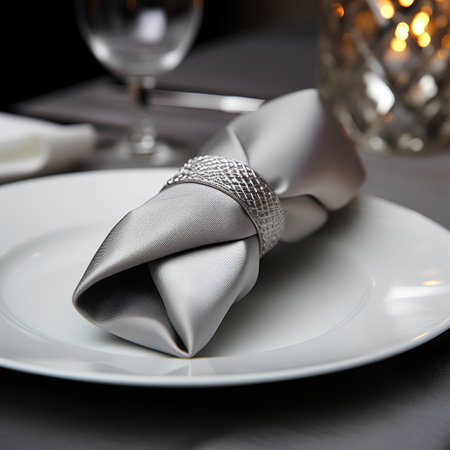 Elegant table setting with bow tie and napkin, closeupの素材