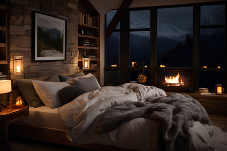3d rendering of a cozy bedroom with a fireplace in the backgroundの素材