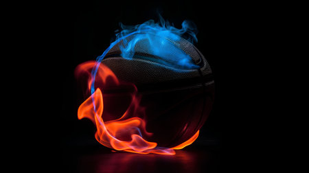 3d rendering of a basketball ball with flames isolated on black backgroundの素材