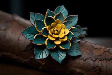 golden flower on a wooden branch on a black background. macroの素材