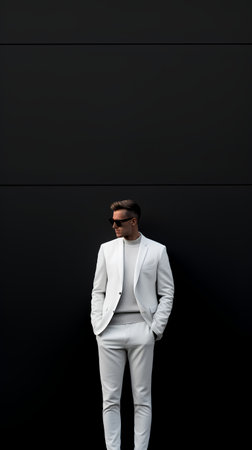 stylish african american man in white suit and sunglasses standing with hands in pockets on blackの素材
