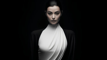 Portrait of a beautiful woman with a white silk scarf on a black backgroundの素材