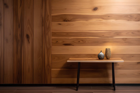 Vase on a table in front of a wooden wall. 3d renderingの素材