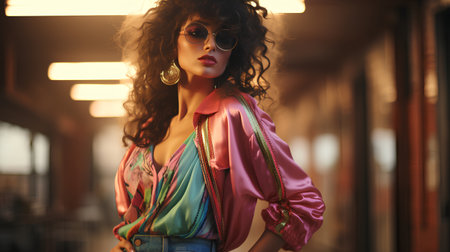 Fashionable young woman with curly hair and bright makeup, wearing stylish clothes, posing in the interior of the shopping center.の素材