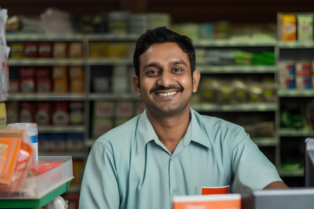 indian male pharmacist at drugstore counter smiling at the cameraの素材