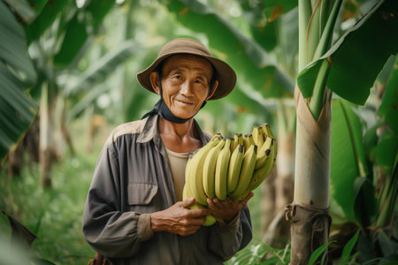 Farmer is holding a bunch of bananas in his hand and smiling.の素材