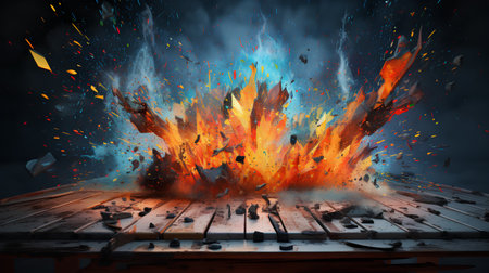 Burning wooden table on a dark background. 3d rendering.の素材