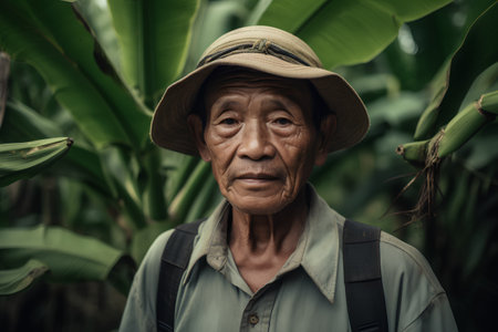 Portrait of senior Asian man wearing straw hat and backpack in the garden.の素材