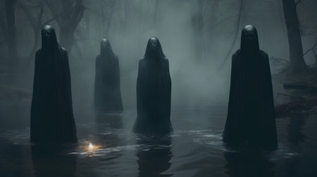 Halloween scene with black ghosts in the dark forest. 3d renderingの素材
