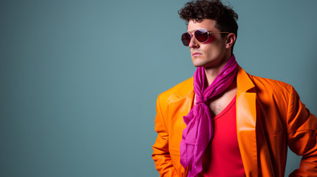 Handsome man in orange jacket and sunglasses on blue background.の素材