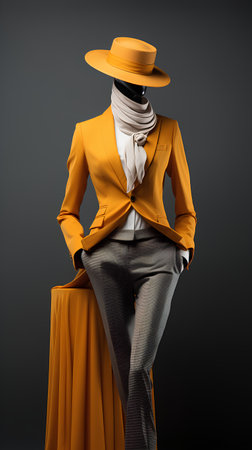 Fashion shot of a woman in a yellow suit and hat.の素材