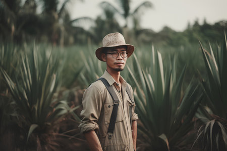 Young asian man wearing a safari hat and glasses standing in the jungleの素材