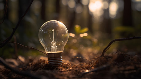 Incandescent light bulb in the forest. Alternative energy concept.の素材