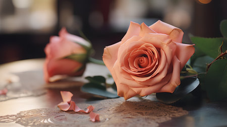 Beautiful orange rose on a wooden table in a restaurant. Selective focus.の素材