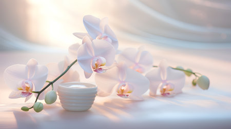 Spa and wellness setting with white orchids on a light backgroundの素材