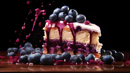 Piece of blueberry cheesecake decorated with fresh berries on dark backgroundの素材