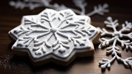 Snowflake cookies on wooden background. Shallow depth of field.の素材