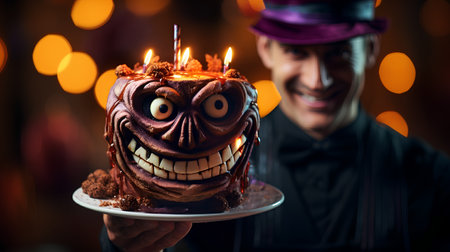 Funny man in a hat with a cake in the form of a monster.の素材