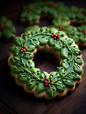 Christmas cookies with holly on a dark wooden background. Closeupの素材