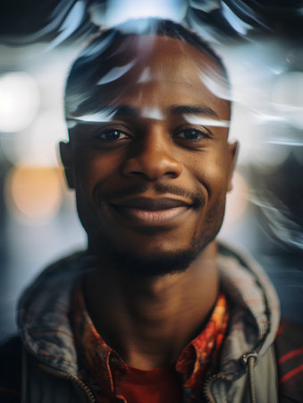 Portrait of a young african american man in the city.の素材