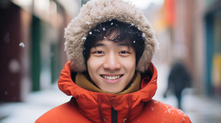 Portrait of a young asian man in winter clothes in the cityの素材