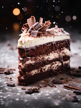 Chocolate cake with cream and chocolate shavings on dark backgroundの素材