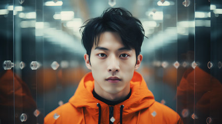 Portrait of young Asian man in orange raincoat looking at cameraの素材