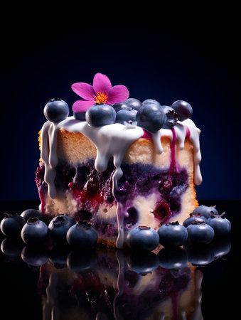 Blueberry cake with icing and flowers on black background with reflection.の素材