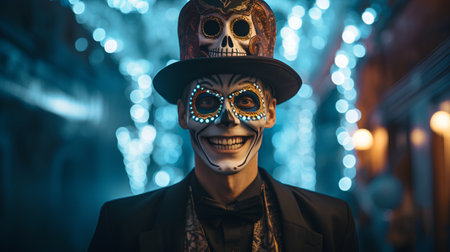 Portrait of a man with sugar skull makeup. Dia de los muertos. Day of The Dead. Halloween.の素材