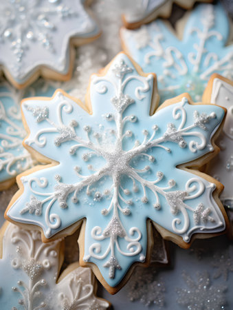 Christmas cookies in the form of snowflakes on a light backgroundの素材