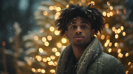 Portrait of a handsome african american man on the background of Christmas lights.の素材