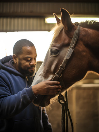 Portrait of a man with a horse in the stables.の素材
