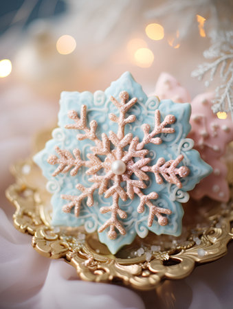 Christmas cookies in the form of snowflakes on a plate.の素材