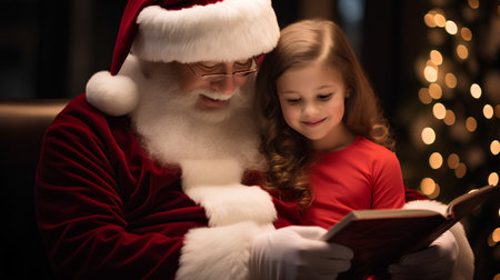 christmas, holidays and people concept - smiling little girl with santa claus reading book at homeの素材