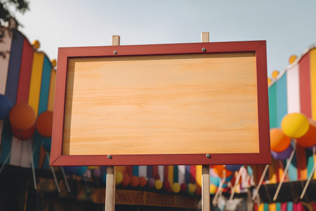 Blank wooden signboard on the background of an amusement park.の素材