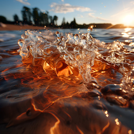 Water splash on the background of the sunset. 3d rendering, 3d illustration.の素材