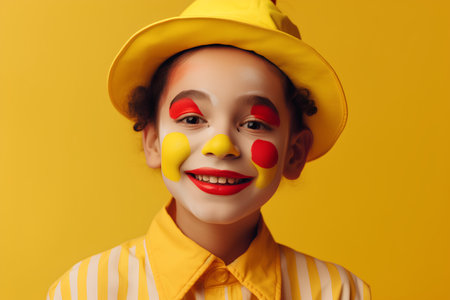 Funny clown with yellow nose and red lips on yellow background.の素材