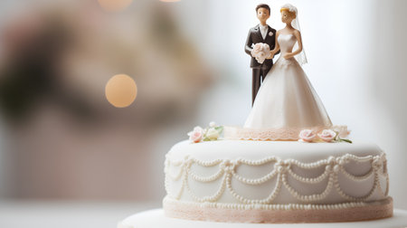 Wedding cake with bride and groom on the background bokehの素材