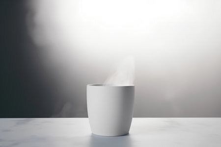 Coffee cup on a white marble table. 3d renderingの素材