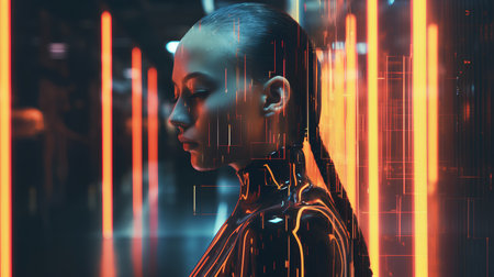 3D rendering of a female cyborg in a futuristic cyberspaceの素材