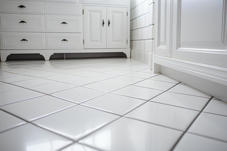 White tile floor and white cabinet in the background. 3d renderingの素材