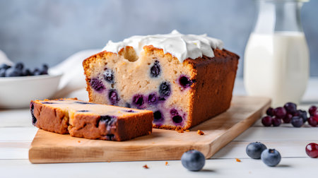 Blueberry cake with whipped cream and fresh berries on wooden background.の素材