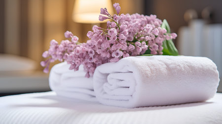 Bouquet of lilac flowers and white towels on the bed.の素材