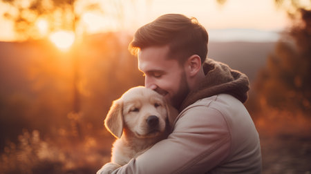 Young man with a golden retriever puppy in the park at sunsetの素材