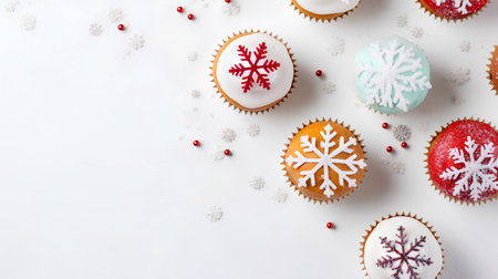 Christmas cupcakes with snowflakes on white background. Top view, copy spaceの素材
