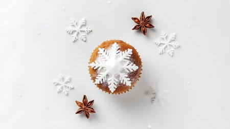 Christmas cupcake with snowflakes and star anise on white backgroundの素材